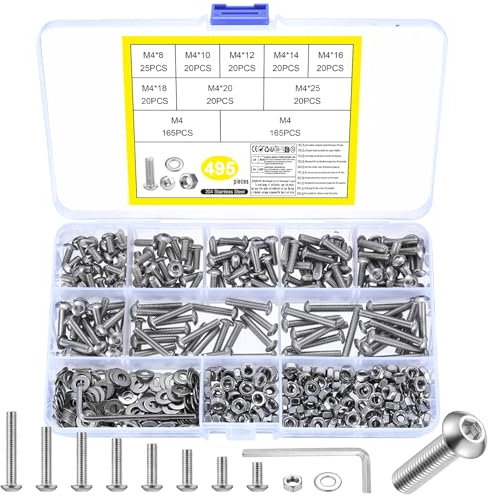 495 Pcs Tornillos M4 y Tuercas con Arandelas de Cabeza Hueca Hexagonal Allen de Acero Inox M4