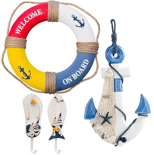 Generico Salvagente Decorativo, Timone Barca in Legno e 2 Mediterraneo Gancio,Muro Mare 4 Set, 28cm Timone 30cm Nautico Decorazione Salvagente da Appeso a Parete Decor(MQG/4)