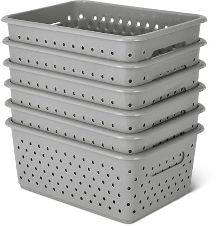 Amazon Basics Decorative BPA-Free Plastic Storage Baskets, 9.9 x 7.4 x 4.16, Grey, Pack of 6