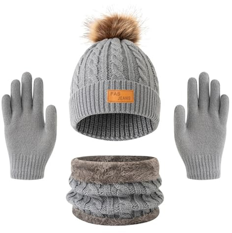 Bekecidi Ensemble de 3 Bonnets, écharpes et Gants d'hiver pour Enfants Accessoires d'hiver Chauds en Tricot pour le Sport en Plein Air Bonnet Gants et Cache-cou pour Garçons et Filles de 3 à 12 ans