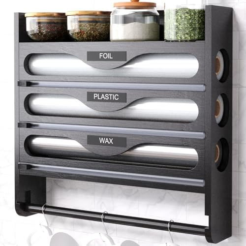 Dispensador de Film Transparente 4 en 1 con Portarrollos de Cocina.Organizador de Pared para Papel de Aluminio,Almacenamiento Multiusos con Rollo de Toalla de Cocina-Schwarz