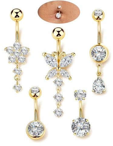 ORAZIO 5 Pièces Piercing Nombril Acier Chirurgical Or/Argent Femme | 10MM Percing Au Nombril Argent Hypoallergénique Zircon Fleurs Papillon Piercing Nombril Anneau Femme