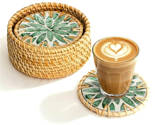 JUNGLE CULTURE Mother of Pearl Rattan Coasters for Drinks with Holder • Handmade Round Coaster Set of 6 • Sustainable Homeware • Coffee Table, Tiki Bar, Mugs, Glasses, Cups • Coastal Boho – Everglade