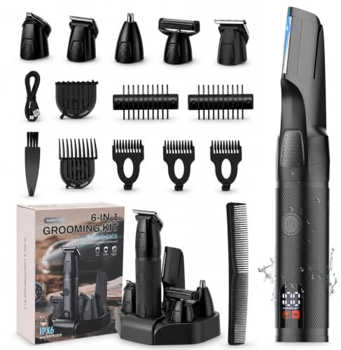 Tondeuse Corps Homme, 6 en 1 Multifonction Rasoir Électriques Hommes, Rasoir intime pour homme avec station de recharge, Étanche IPX6 Wet&Dry, 180 Mins d'Autonomie pour Nez, Barbe, Cheveux et Corps