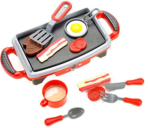 PowerTRC Breakfast Kids Toy Grill Playset for Ages 4-8, Cooking Toys Play Grill Set for Kids, Pretend BBQ Grill with Realistic Sounds Foods Utensils