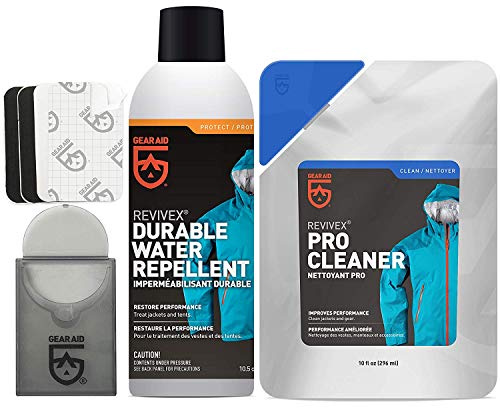 GEAR AID Care Kit with Revivex Pro Cleaner, Revivex Durable Water Repellent Spray and Tenacious Tape Mini Patches, Clear, 10 fl oz Pack & 10.5 oz aerosol