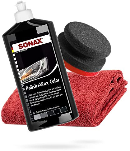 detailmate SONAX Hand Polishing Bundle - Sonax Polish + Wax Colour Black 500 ml Hand Polishing Sponge Hard Diameter 90/50 mm Edgeless Microfibre Polishing Cloth 550 GSM Red