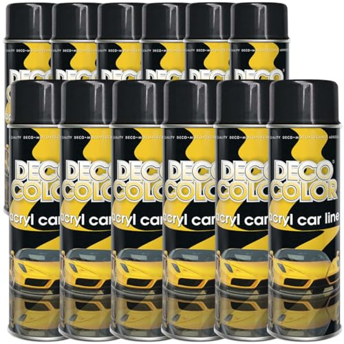 DECO COLOR 12er Sparpack ACRYL CAR LINE SCHWARZ GLANZ RAL 9005 in 500ml - Lackspray für z.B. KFZ, Auto, Motorrad, Alufelgen, Stahlfelgen (12 Dosen 500ml Schwarz GLANZ)