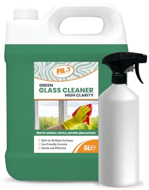 FILO Green Glass Cleaner Spray 5L with Trigger Bottle – Professional Window Cleaner Spray Streak-Free Liquid for Mirrors & Shower Glass – Bulk Refill Kit for Crystal Clear Windows