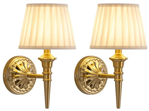 NEWSEE Battery Wall Lights Set of 2, Cordless LED Wall Sconces with Fabric Shade, Wireless and Rechargeable Lamp for Wall Painting, Living Room, Bedroom, Hallway, Kitchen, Gifts (Gold)
