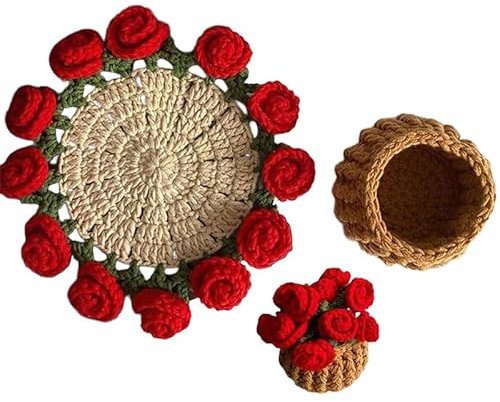 sous-Verres de Couverture en Fleurs crochetées, Fait à la Main, Ornements de Bouquets crochetés Vintage, Finis (Rouge)