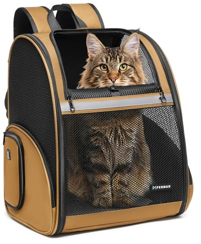 FERMAO Pet Backpack Carrier, Large Cat Carrier Backpack Up to 20 Lbs with Breathable Mesh, for Medium Large Cats or Small Dogs, Travel Hiking Camping Backpack (Brown-XL)