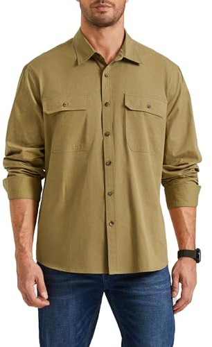 Enlision Chemise Homme Manches Longues Coton Boutonnée Chemises avec Poches à Double Rabat Marron Surchemise de Travail Cargo 2XL