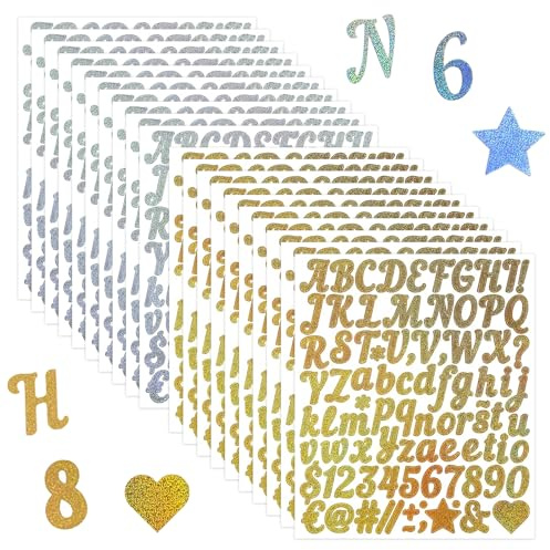1760 Piezas 20 Hojas pegatinas de Letras, Pegatinas Letras Adhesivas in Vinilo Impermeable, Grandes e Pequeñas con Números y Símbolos, para Álbumes de Recortes, Fotos, Manualidades, Oro y Plata