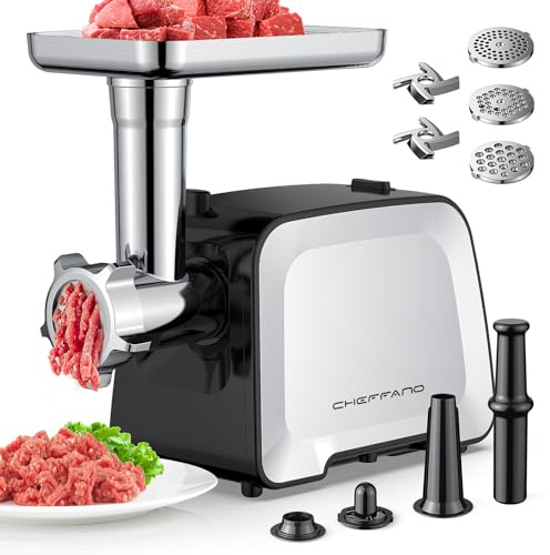 Elektrischer Fleischwolf 2800W[Max], Edelstahl Fleischmühle mit 2 Klingen, 3 Lochscheiben, Wurstfüller & Kubbe Set für den Hausgebrauch
