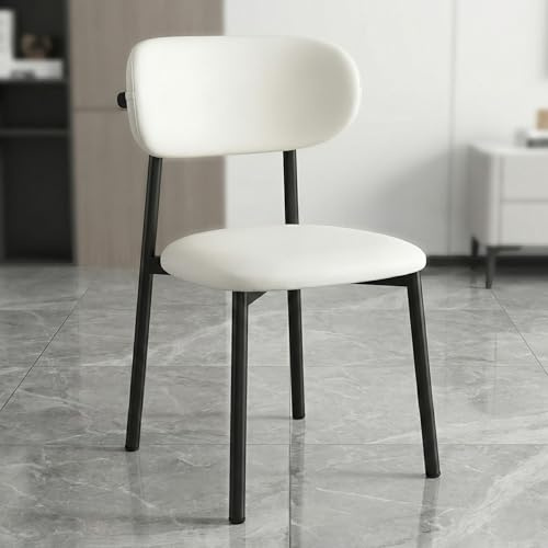 Modern Dining Chairs, Upholstered Dining Room Chair with Curved Backrest, Soft Napa Leather & High-Density Sponge Cushion, Armless Kitchen Dining Chairs, Cream White Seat with Black Legs(1 Pack)