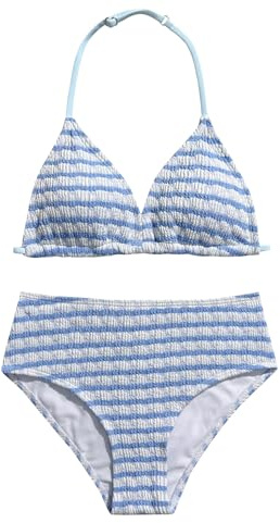 Momkonzz Girls Swimming Costume Tweens Bikini Set Striped Top+ Bottom Bathing Suit for Beach Vacation Light Blue 9 Years