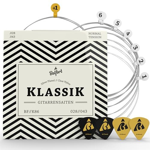 BELFORT® Gitarrensaiten Konzertgitarre, Saiten für klassische Gitarre aus Nylon und Silber, Akustikgitarre (6-Saiten Set) - Inkl. 4 Plektren + extra hoher E-Saite für Konzert Gitarren (Guitar Strings)
