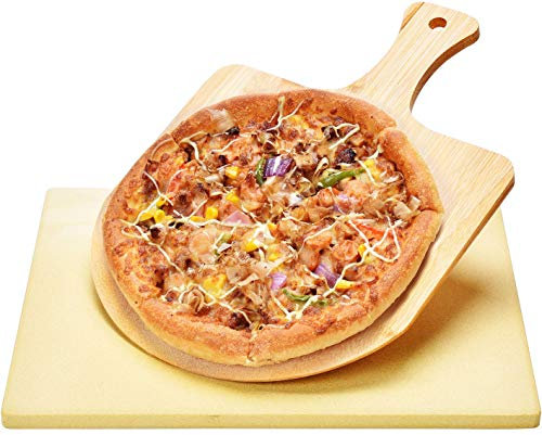 Harcas Pietra per Pizza 38cm x 30cm x 1,5 centimetro e Pale per Pizza in Bamboo. Ideale per la Cottura e per il Servizio, Barbecue, Griglia, Torte, Pasticceria e Calzoni