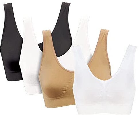 PBE 4 Pack Ultimate Comfort Padded Bra Comfort Bra, Womens Sports Bras Removable Pads Plus Size Sleep Bras, Wireless for Girls & Women. Yoga, Bralette, Maternity Friendly Stretch Crop Tops Vest. S-5XL
