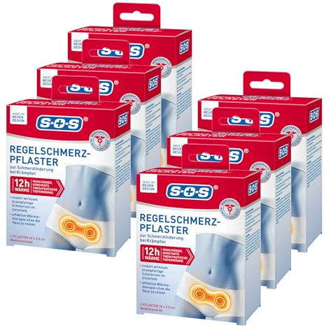 SOS Regelschmerz-Pflaster, angenehme Wärme zur Schmerzlinderung bei Krämpfen, wohltuende und konstante Tiefenwärme bei Schmerzen während der Menstruation, je 20 x 9,5 cm, 6 x 2 Pflaster