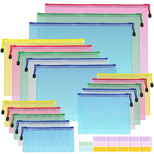 Dialeesi Dokumentenmappe A3 A4 A5 A6 18 Stück Dokumentenmappentaschen mit Reißverschluss, Mesh-Kunststoff-Reißverschlusstasche für Bürodokumente, Hausaufgaben, Kosmetik und Reisen, mit 30 Aufklebern