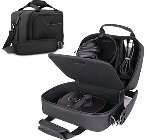 USA Gear Audio Interface Case Fits Zoom PodTrak P4, PodTrak P2, Focusrite Vocaster One, PreSonus Revelator io44 & more Podcast Interfaces - Padded Customizable Interior, Shoulder Strap (Black)