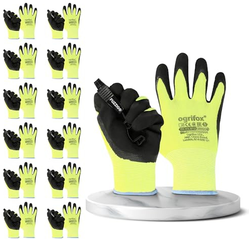 FUZZIO 12 paia di guanti da lavoro fluorescenti Ogrifox termoretraibile in lattice (L-9, giallo) (OX-LATEKSFOM_YB9_F)