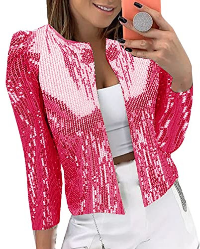 Damen Pailletten Cardigan Jacke Langarm Glitzer Bomberjacke Party Club Jacke Pailletten-Blazer Damen Elegant Tailliert Anzugjacke Glitzer Tops Kurz Oberteile Blazer Glitzer Outfits (Hot Pink, M)