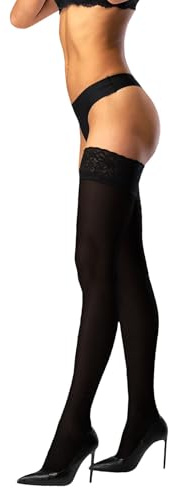 JUST BEAUTY TOUCH Opaque Hold Up Thigh High Stockings, Floral Lace Top with Double Silicone Band, 60 Denier Women's Lace-Top Stockings