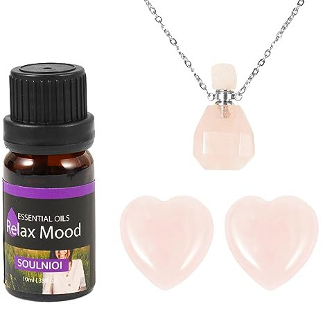 Soulnioi Relaxing Set: 1pc Essential Oil(10ml), 2pcs Heart Shaped Rose Quartz Crystal, 1pc Pink Crystal Energy Diffuser Essential Oil Bottle Necklace, Gifts for Yoga Meditation