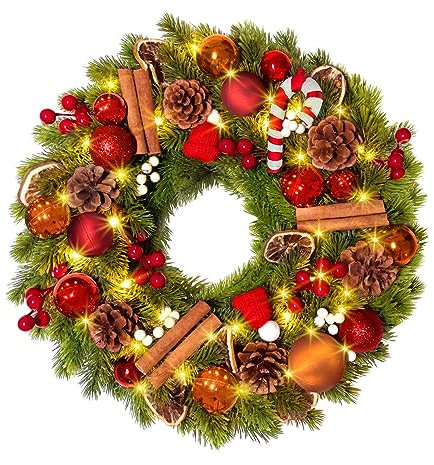 GlobaLink Weihnachtskranz 40cm, Türkranz Weihnachten mit 40 LEDs Timer Batteriebetrieben Künstlicher Kranz mit Zuckerstange Zitronenscheiben und Weihnachtskugeln Weihnachtsdeko für Feste Advent Türe