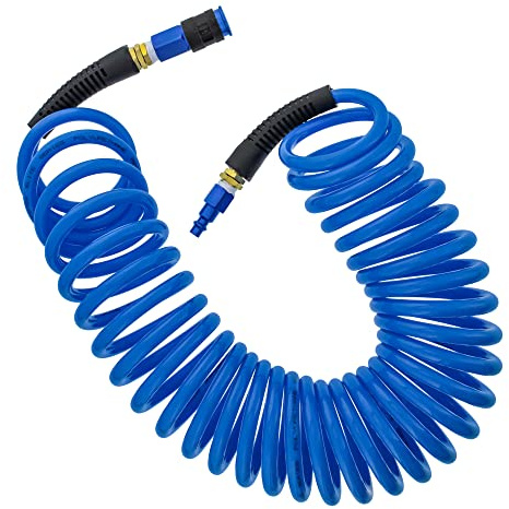 Master Elite Series 1/4 x 25' Polyurethane Recoil Air Hose with Bend Restrictors and 1/4 NPT Male Fitting Ends - Universal Aluminum Quick Coupler, I/M Industrial Plug - Attach Compressors, Air Tools
