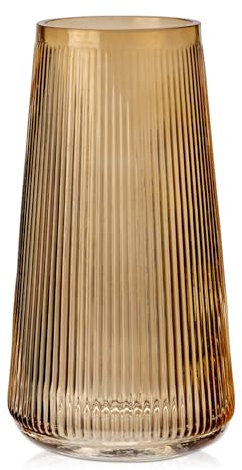 Briful 20cm Large Glass Vase for Flowers, Decorative Flower Vase Grooved Glass Vase Ins Style Modern Vase Crystal Amber Vase Table Decoration for Wedding, Office, Living Room Decor