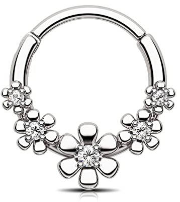 CM Crareesi Mania Piercing septum en forme de fleur en acier chirurgical 316L pour femme - 16 g - Petits anneaux de septum, hélix, cartilage, daith, 8 mm, Zircone cubique