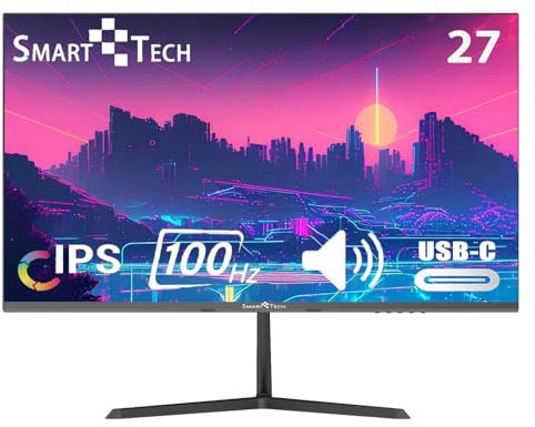 Smart Tech Monitor 27 Zoll 100Hz, Office Monitor, USB-C, IPS, FHD Bildschirm 27 Zoll mit eingebautem Lautsprecher, sRGB110%, HDR, FreeSync, USB-C DP HDMI Anschlüsse (Mit HDMI&USB-C Kabel)