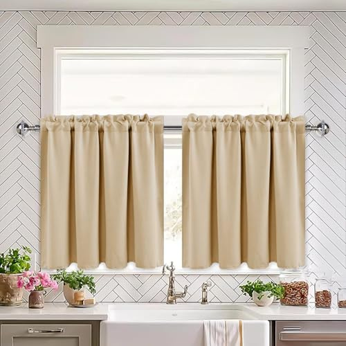 XWZO Cortinas opacas blackout, cortinas opacas, cortinas de cocina cortinas bistró cortinas cortas para cristales para ventanas pequeñas, caravanas, A 66cm x A 77cm, beige por panel, juego de 2