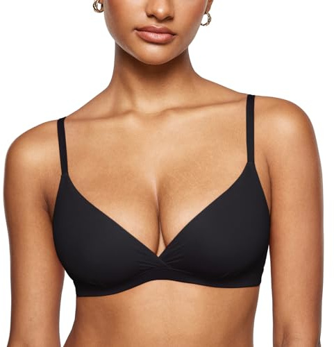 INLYRIC Women's Inbarely Triangle Bralette Comfortable Unlined V Neck Wireless Smoothing Bra Top Stretch Black Large