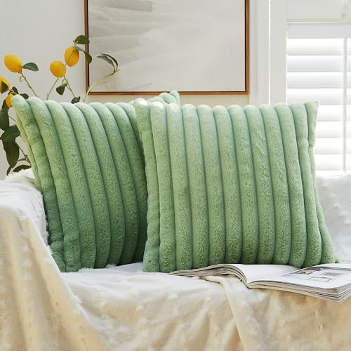YEPINS 2er Set Plüsch Kissenbezüge, Flauschig Künstlich Pelz Dekorativ Gestreift Kissenbezug, Sofa Dekokissen Kissenhülle Zierkissenbezüge für Schlafzimmer Wohnzimmer Dekor (40x40cm, Salbei Grün)