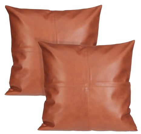 Relaxdays Pack 2 Fundas Cojín Piel Imitación, 45x45 cm, Decoración Sofá, Suave, Cremallera Oculta, Marrón y Blanco