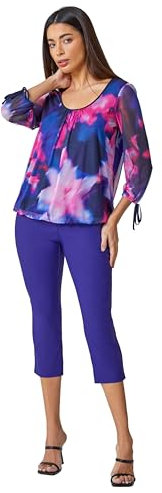 Roman Cropped Trousers for Women UK Ladies Capri Leggings Summer Pants Short Crop Stretch 3/4 Length Three Quarter Pedal Pusher Clothes Elasticated Bengaline Cut Off - Dark Purple - Size 10