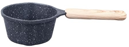 Sauce Pan, Nonstick Aluminum with Stone Coating, Compact Size, Wooden Handle, Pour Spouts, Even Heat Distribution for Camping, Travel Cooking (Black)