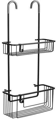 TATAY Colgador Ducha 2 Alturas Aluminio | Resiste Humedad y Corrosión | Soporta 8 kg | Fácil Montaje Sin Taladro | Diseño Moderno | Cesta Ducha Colgar con Drenaje Eficiente | 28 x 15,5 x 56 cm - Negro