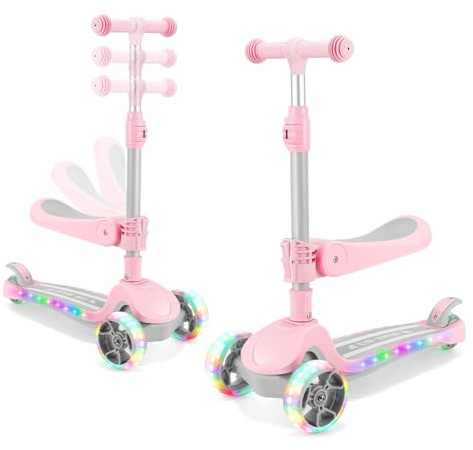 AODI Trotinette Enfant 3 Roues de 2 à 10 Ans, Trottinette avec Siège 2 en 1, Trottinette Pliable avec Guidon Réglage en Hauteur et Roues LED, Scooter Antidérapant pour Filles et Garçons