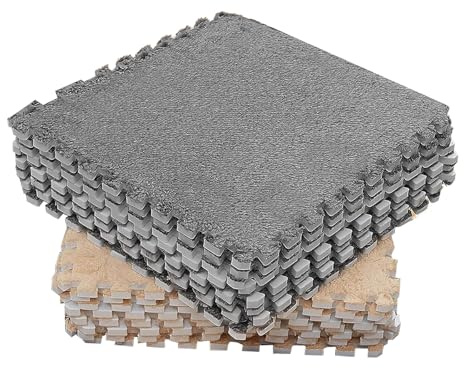 Ghzste Tapis de Jeu Puzzle, Tapis de Sol en Mousse 10 Pièces, Dalles de Moquette Carrées Emboîtables 30x30cm, Tapis en Peluche Douce pour Chambre à Coucher (Chameau Gris)