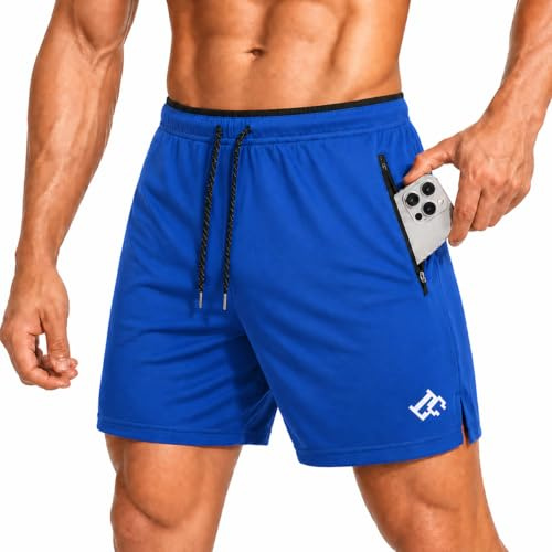 LORSPORTCH Pantalones Cortos de Gimnasio para Hombre para Correr Pantalones Cortos Deportivos con Bolsillos con Cremallera Azul L