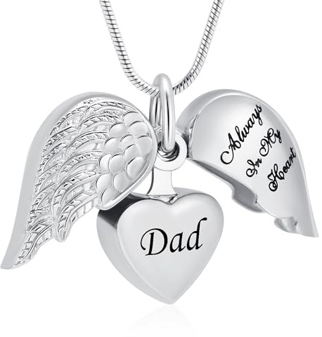 VCCWYQK Collares de urna de corazón con alas de ángel para cenizas para mujeres, colgante conmemorativo para mujeres y hombres, joyería de cremación, talla única, Acero inoxidable, No es una piedra