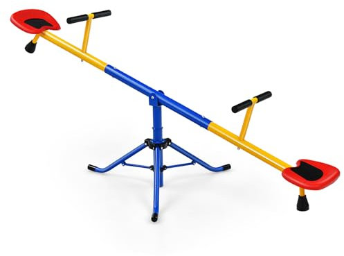 HOMASIS 2-Sitzer Kinderwippe, Schaukelwippe Outdoor 360°drehbar Metall, Gartenwippe mit Griffen & Dämpfer, Wippe bis 60 kg belastbar, Karussellwippe für Drinnen & Draußen, für Kinder 3-8 Jahren, bunt