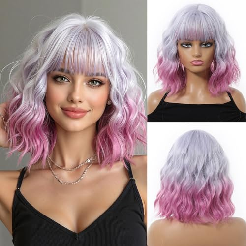 OUFEI Perruque Bob Violet Clair pour femme Perruque Courte Ondulée avec Frange Et Racines Foncées Cheveux Synthétiques Naturels Perruque Résistante à La Chaleur pour La Fête Et Le Jeu De Rôle
