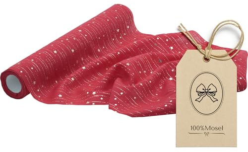 100%Mosel Tissu décoratif étoiles, en rouge festif (28 cm x 5 m), 66 g/m², chemin de table très fin, décoration de table délicate pour l'Avent et Noël